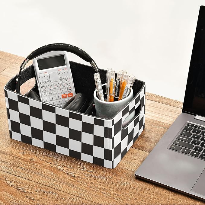 Checkered Black Closet Storage Bins 2 Pcs Felt Open Home Storage Containers Organizer with Handles Collapsible Shelf Basket for Home Office Craft Room Classroom Fabric
