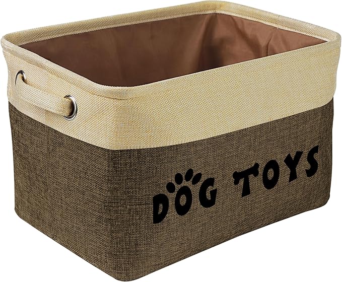PET ARTIST Dog Toy Basket, Collapsible Dog Toy Bin Box with Comfortable Handles, Large Pet Toy Storage Organizer for Accessories, Toys, Coat & Clothing, Blanket & Leash, Brown, 15"x11"x9"
