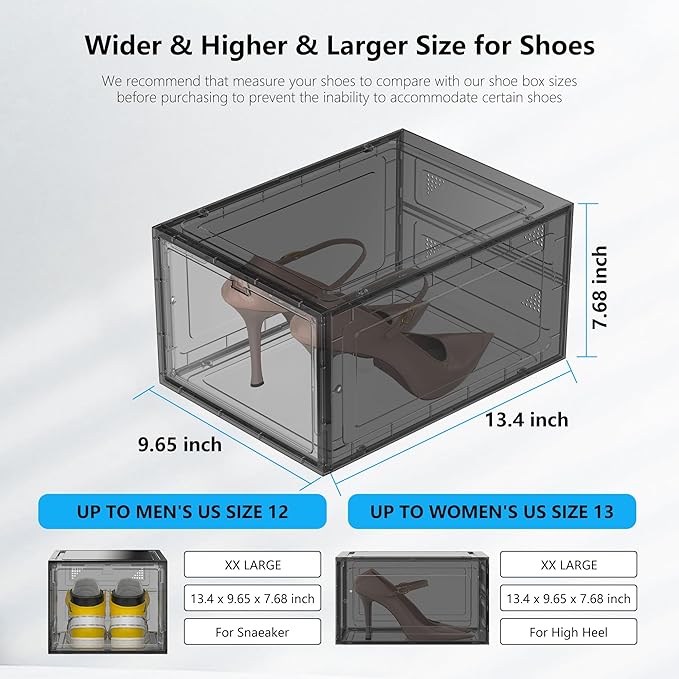 MCIJRJOI 12 Pack Hard Sturdy Thickened Rigid XX Large Shoe Storage Organizer for Closet, Clear Stackable Sneaker Shoe Boxes Rack Containers Display Case Bins with Lids, Grey02