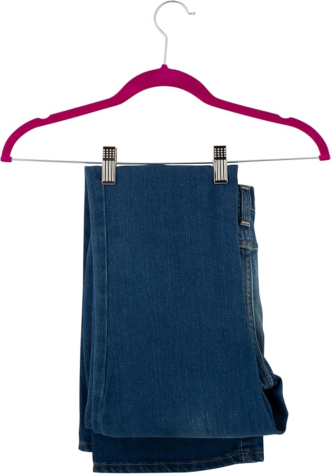 Simplify 24 Pack Velvet Hangers with Clips | Skirt and Pants | Slim Space Saving | Closet Organization | Non-Slip | Prevent Creases | Swivel Neck | Durable | Fuchsia