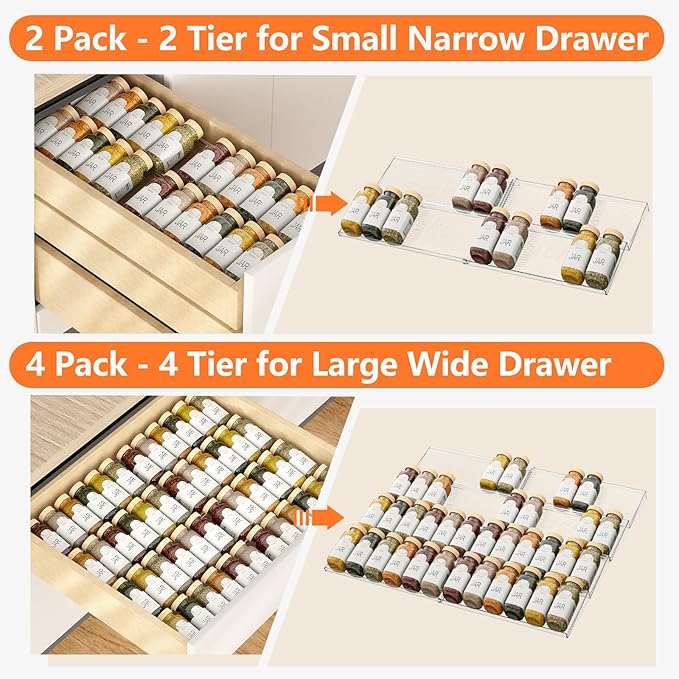 6 Pack Spice Drawer Organizer, 6 Tier Drawer Clear Seasoning Organizer, Extended From 11" to 22", Spice Rack Organizer for Drawer and Kithchen (Jars Not Included)