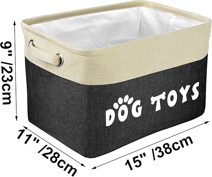 PET ARTIST Dog Toy Basket, Collapsible Dog Toy Bin Box with Comfortable Handles, Large Pet Toy Storage Organizer for Accessories, Toys, Coat & Clothing, Blanket & Leash, Black, 15"x11"x9"