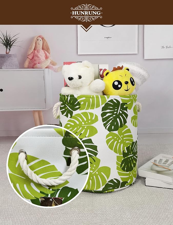 HUNRUNG Laundry Hamper,Large Canvas Fabric Lightweight Storage Basket Toy Organizer Dirty Clothes Collapsible Waterproof for College Dorms, Children Bedroom,Bathroom (Round Leaf)