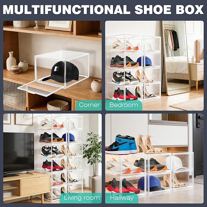 12 Pack Drop-Front Clear Shoe Storage Box Acrylic Box Shoe Organizer Size 13, Stackable Shoe Tower with Magnetic Door Large Storage Bins for Sneaker Containers Display & Closet Organization