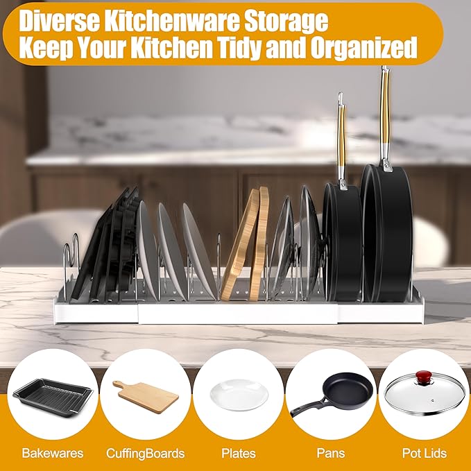 2 Pack Pots and Pans Organizer Racks Under Cabinet, Expandable Food Storage Container Lid Holder, Includes 20 Stainless Steel Racks & White Plastic Base, Perfect for Kitchens, Apartments & RVs