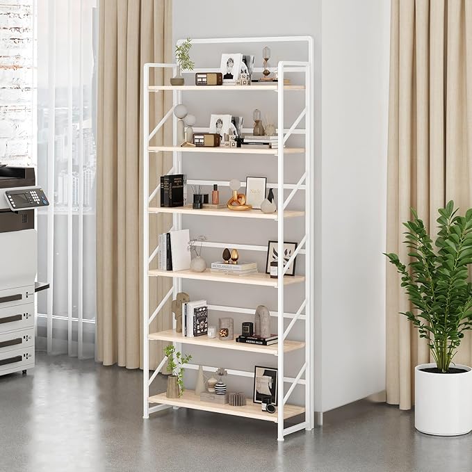 JSB Folding Bookshelf,Industrial Storage Shelves, No Assembly Vintage Wood Look Bookshelf with Storage Shelves for Living Room, Bedroom, Office (White, Wide 6-Tier)