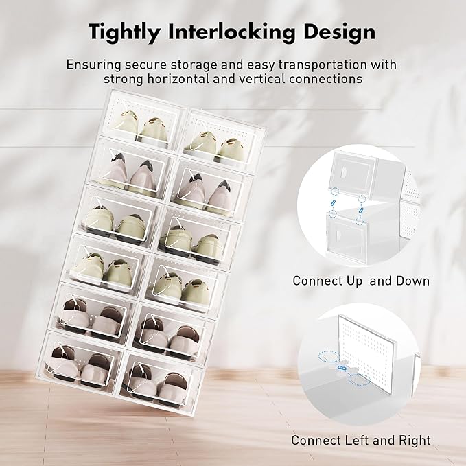 Foluck Shoe Storage Box, 15 Pack Clear Plastic Stackable Shoe Organizer for Closet, Interlocking Design Shoe Container Bins for Sneakers, Foldable Shoe Rack with Lids, White