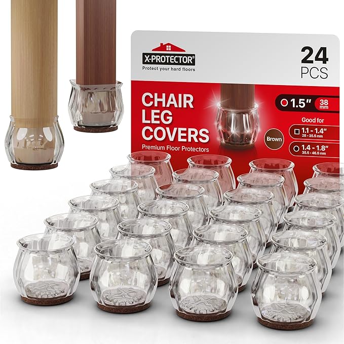 24 PCS Chair Leg Floor Protectors with Felt Pads X-Protector - 1.4" - 1.8" - Furniture Pads for Hardwood Floors - Clear Chair Pads - Floor Protectors for Chairs - Brown Chair Leg Covers!