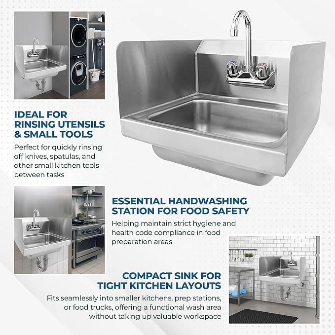 15" x 17" Stainless Steel Wall Mount Hand Sink with Gooseneck Faucet & Side Splash – NSF Certified Commercial Handwashing Basin