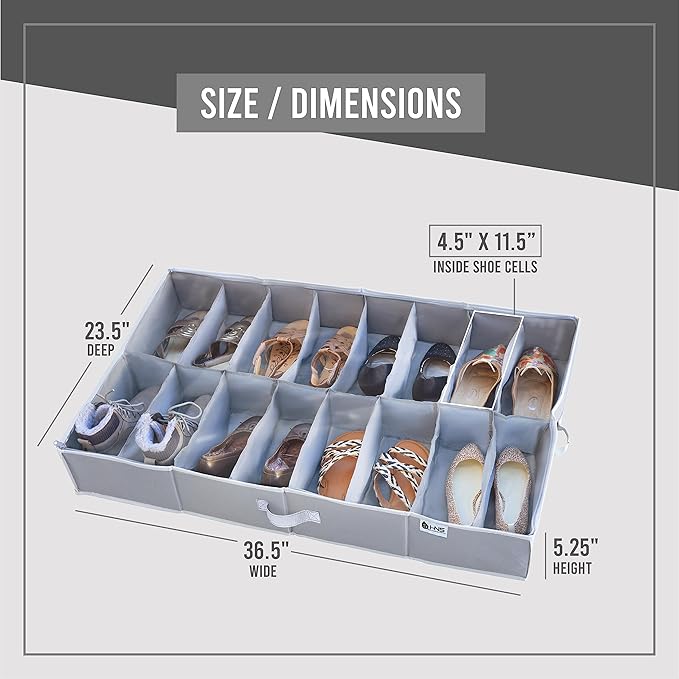 HOLDN' STORAGE Under Bed Shoe Organizer - Set of 2, Tear-Resistant 600D Material, Grey, Transparent Cover, Holds Up to 32 Pairs of Shoes