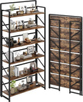 JSB Folding Bookshelf,Industrial Storage Shelves, No Assembly Vintage Wood Look Bookshelf with Storage Shelves for Living Room, Bedroom, Office (Fire Brown, Wide 6-Tier)