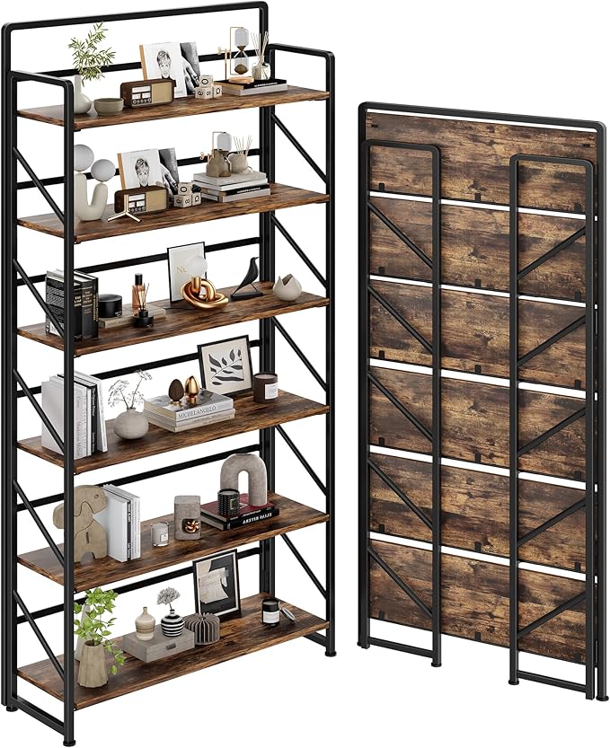 JSB Folding Bookshelf,Industrial Storage Shelves, No Assembly Vintage Wood Look Bookshelf with Storage Shelves for Living Room, Bedroom, Office (Fire Brown, Wide 6-Tier)