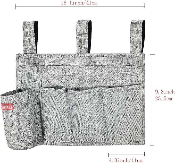 Zafit Linen Bedside Caddy, Bedside Storage Organizer for Hospital Beds, College Dorm Rooms or Baby Bed (5 Pockets-Grey)
