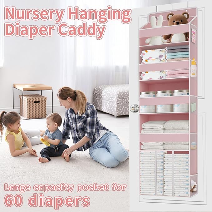 1 PC Pink Over the Door Organizer with 1 Large Capacity Caddy, 4 Shelf & 10 Mesh Side Pockets, Pink Stuff Hanging Storage and Girl Essentials Closet Organizer for Cute Room, Bedroom