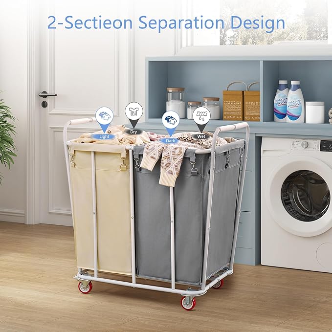 Hoctieon 2 Section Laundry Sorter Cart, 400L Rolling Hamper with Wheels, Industrial Laundry Basket Organizer, Extra Large Dirty Clothes Hamper for Home & Hotel, Heavy Duty, Gray+Beige
