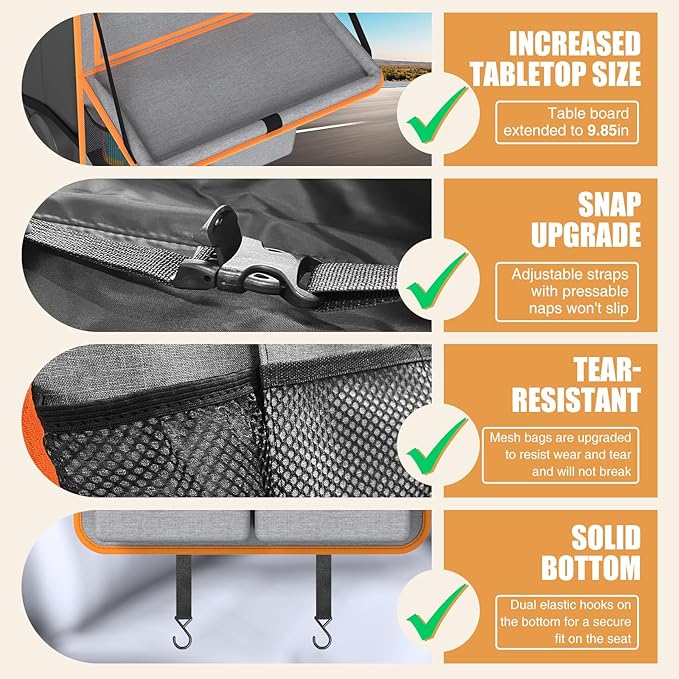 Car Backseat Organizer with Tablet Holder,11 Storage Pockets with Foldable Food Tray, Protector Kick Mats for Kids, Travel Accessories Organizer (Orange, 2Pack with Food Tray)