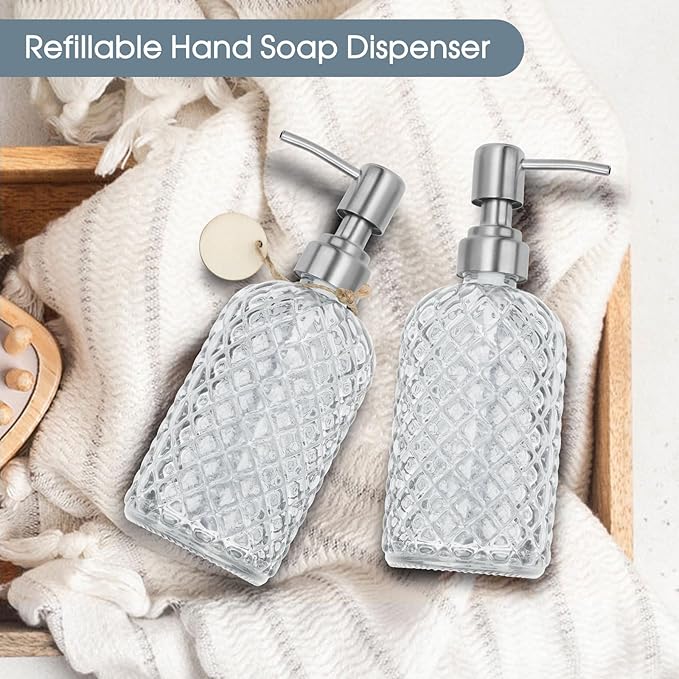 2 Pack Gem-Patterned Glass Soap Dispenser with Rust Proof Stainless Steel Pump-13 oz Liquid Hand Soap Dispenser for Kitchen & Bathroom,Great for Lotions, Essential Oil, Liquid Soaps-Clear