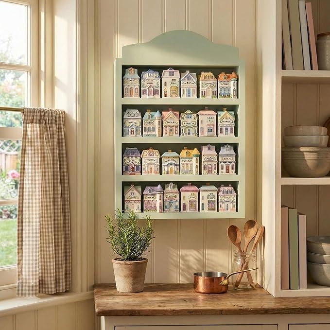 Chunful Vintage Spice Village Wooden Rack 22 x 17 x 4 Inches Green Display Rack with 4 Shelves for Wall Mounting Kitchen Storage Spice Village Display Shelf for 24 Jars, Shelf Only