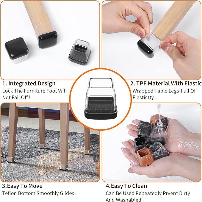 Ezprotekt Chair Leg Sliders for Carpet, 24 Pcs Square Chair Glides for Carpet, Carpet Furniture Pads Stool Leg Protectors Caps, Carpet Furniture Glides Quickly and Easily (M Fit: 0.75" - 1")