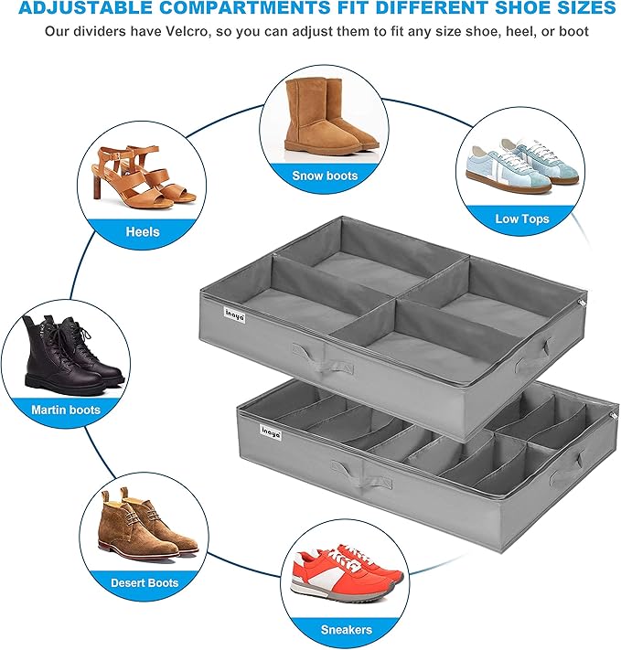 Under Bed Shoe Storage Organizer Set of 2, Fits 16+4 Pairs Boots Total, Underbed Shoe Box Storage Containers w/ Reinforced Handles, Clear Foldable Shoes Organizer Adjustable Dividers w/ Bottom Support
