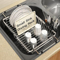 Small Expandable Over The Sink Dish Drainer Drying Rack In Stainless Steel Metal For Kitchen, Counter Space Saving Compact Above Plate Dryer Strainer, Adjustable Hanging Inside Sink Wire Drain Holder