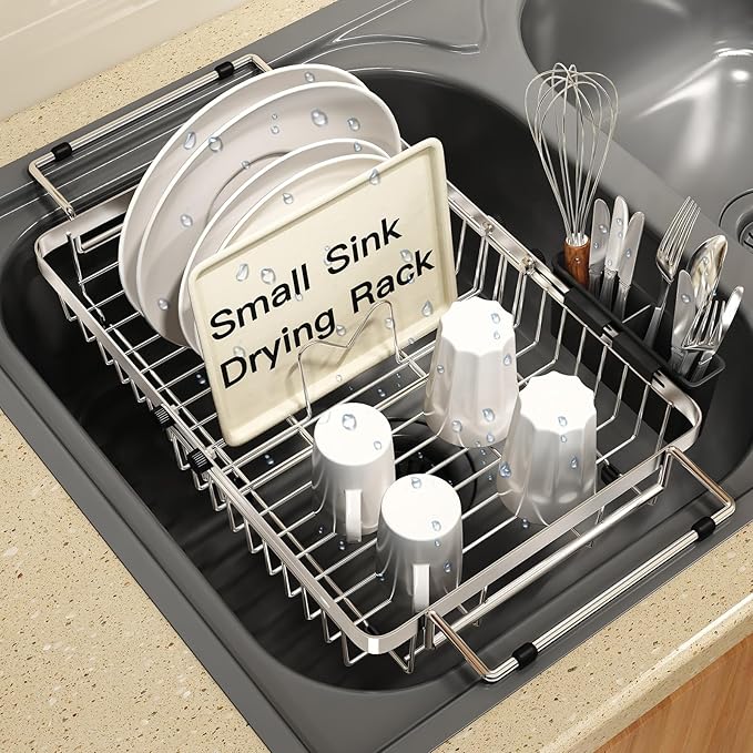 Small Expandable Over The Sink Dish Drainer Drying Rack In Stainless Steel Metal For Kitchen, Counter Space Saving Compact Above Plate Dryer Strainer, Adjustable Hanging Inside Sink Wire Drain Holder