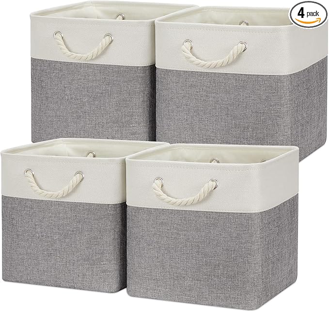 Temary Fabric Baskets 12 Inch Storage Cubes Basket with Handle, Clothes Baskets for Gift, Large Bins for Organizing Books, Blankets (White&Gray)