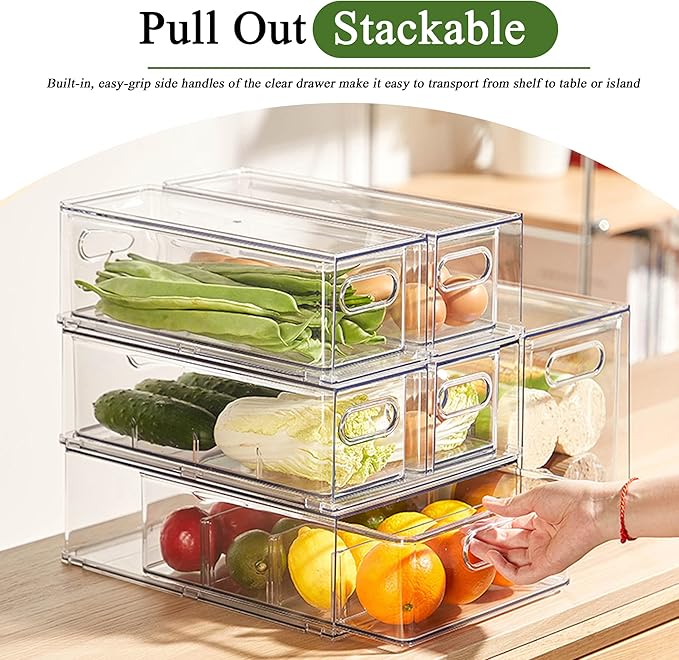 bealy 2 Pack Fridge Organizers and Storage with Pull out Drawer, Stackable Storage Drawer, Clear Refrigerator Organizers, BPA-Free for Kitchen Cabinet Pantry, 3.14QT