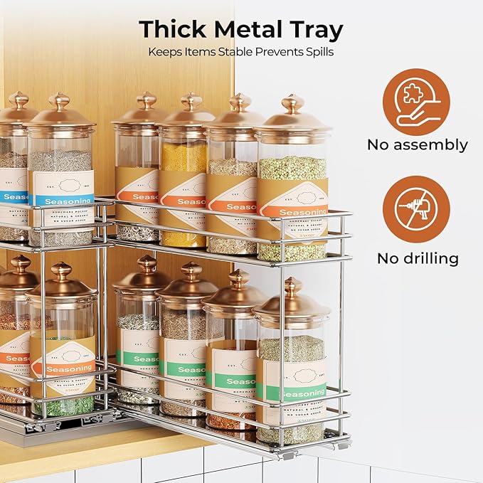 Pull Out Spice Rack Organizer for Cabinet, Slide Out Spice Racks, Easy to Install, 7.08" Wx10.43 Dx8.26 H, 2 Drawers 2 Tiers(Silver)