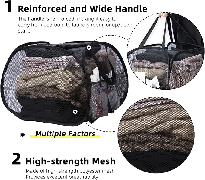 Collapsible Laundry Basket, 90L Foldable Pop-up Laundry Hamper with Handles, Mesh Dirty Clothes Hamper for Laundry, Bathroom, Kids Room, Dorm,Travel or Camping (Black, 2PCS)
