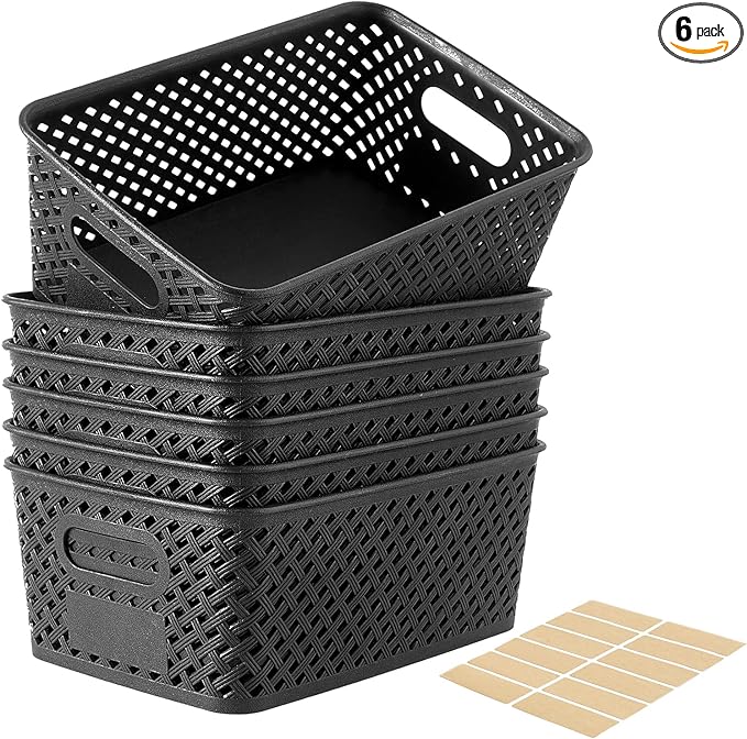 Small Plastic Twill Woven Storage Baskets, Stackable Organizing Containers with Labels for Pantry Office, 6-Pack, Black