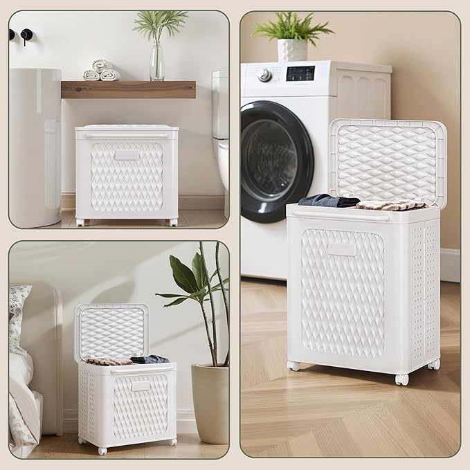 VECELO Rolling Laundry Hamper with Wheels and Lid, Foldable Plastic Laundry Basket with Handle, Rolling Divided Laundry Cart for Small Spaces, Laundry, Bathroom, Bedroom, White