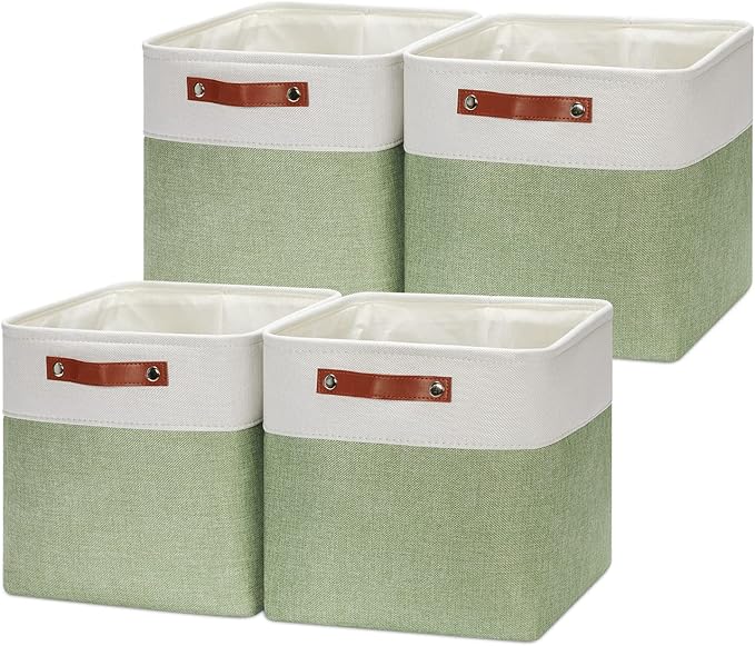 HNZIGE Fabric Storage Cubes Set of 4, 12 x 12 Decorative Bins for Shelf, Toy and Dog Toy Baskets for Kids (Green White)