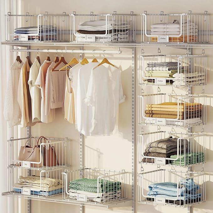 3-Pack Hanging Laundry Organizer, Stackable Wire Shelf Storage with Label Cards, Foldable Metal Baskets with 360°Rotating Hooks,Space-Saving for Laundry Room, Closet & Pantry ,11"×15" Large,White