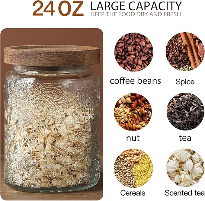 24 OZ Airtight Glass Storage Jar with Bamboo Lid - Vintage Glass Jar Vintage Food Containers Canisters Set for Kitchen Counter & Pantry - Ideal for Sugar, Flour, Coffee, Tea, Candy, Oats -4 Pack