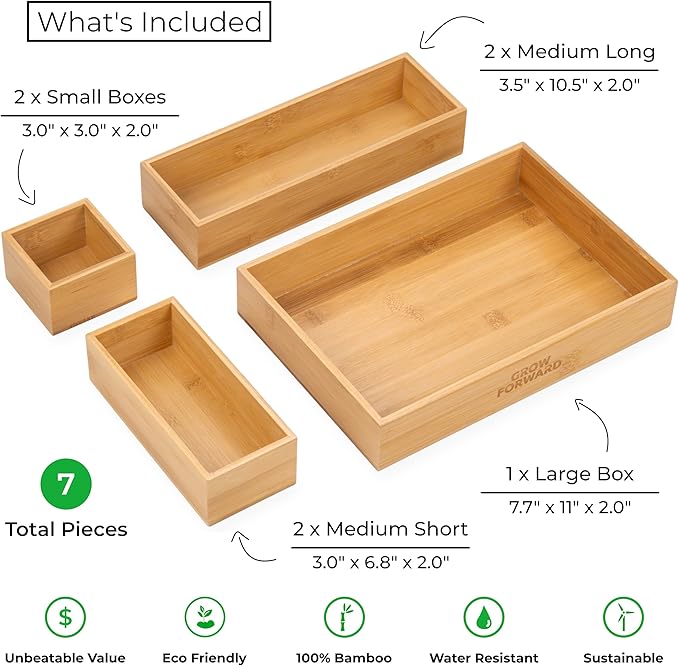 Grow Forward Bamboo Drawer Organizer Boxes - Set of 7 Wooden Drawer Organizers for Kitchen, Bathroom, Office, Desk, Vanity, Makeup - Non-Slip Junk Drawer Organizer Trays for Storage and Organization