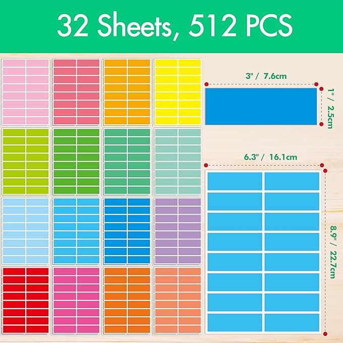 512 Color Coding Labels, 16 Colors Blank Stickers Mini Rectangular Labels 3 x 1”, Colored Assorted Sticker for Marking Projects, Boxes, Jars, Storage Containers, Files