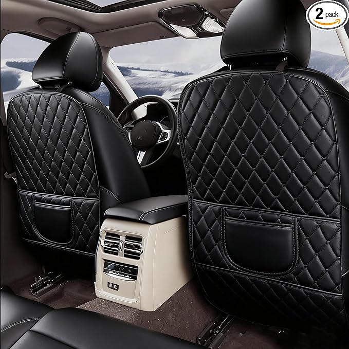 Leatherette Car Seat Protector - 2 Pack Large Car Kick Mats with Storage Pockets Organizer Seat Back Cover Against Dirty Shoes & Scratches, Universal Fit for Most Vehicles (Black)