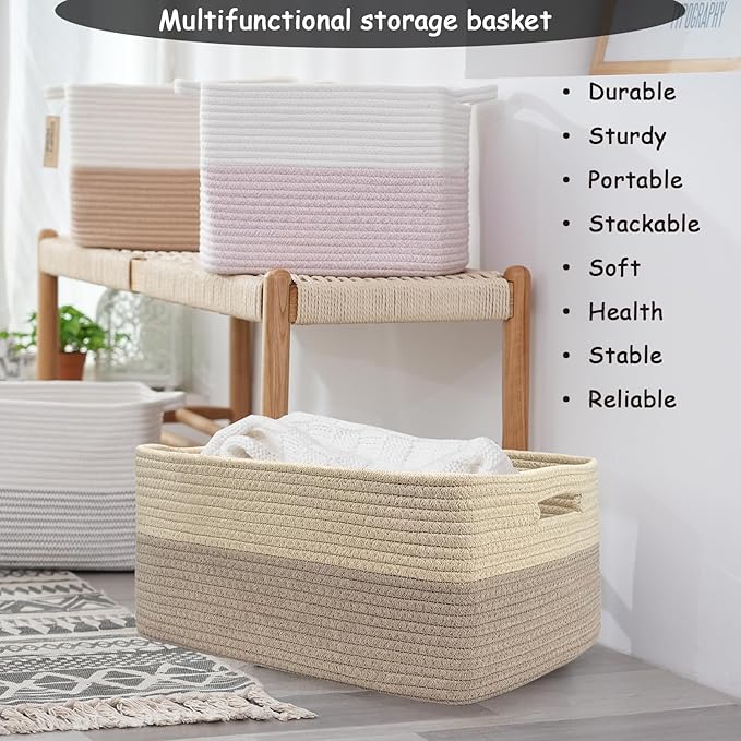 COMFY-HOMI 3 pcs Large Storage Baskets for Shelves, Laundry Basket, Woven Rope Basket, Closet Organizer Bins for Clothes Blanket Towels, Baby Nursery, Gift Toy Baskets, 17” x 13” x 7.5”-Beige Brown
