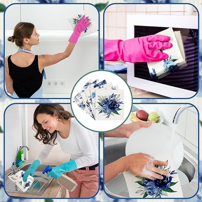 Sunnyray 12 Pcs Swedish Kitchen Dish Towels Dishcloth Reusable Sponge Cleaning Cloth Kitchen Towels Absorbent Washable Dish Cloth Drying Hand Towel(Blue, Watercolor Flower)
