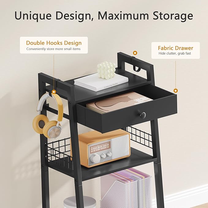 3-Tier Ladder Shelf with Drawer, Bathroom Table Stand for Small Space, Standing Bathroom Shelves with Storage for Living Room Kitchen Bedroom, Organizer Shelf, Black