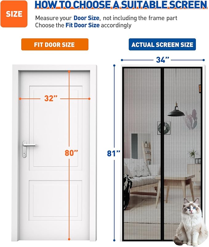 MAGZO Upgraded Pet Proof Magnetic Screen Door Thicker 250g/m² Pet Screen Door Mesh Fit Door Size 32 x 80 Inch, Mesh Size 34" x 81", Heavy Duty Cat Resistant Mesh for Front/Back/Sliding/Patio Door