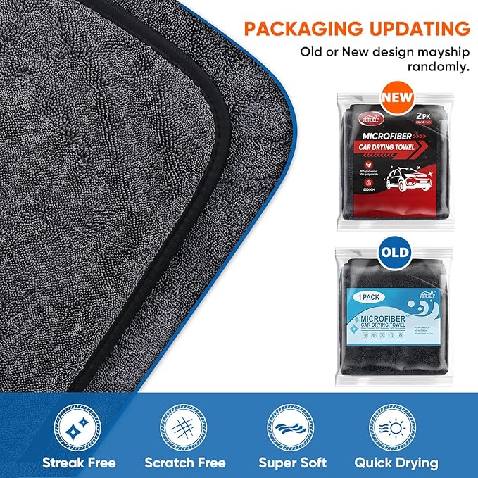 HOMEXCEL Professional Car Drying Towel (24"x 16") with Twisted-Loop Technology, 1200GSM for a Streak-Free Finish – Microfiber Towels for Cars, Trucks, SUVs, RVs and Motorcycles, 2 Pack