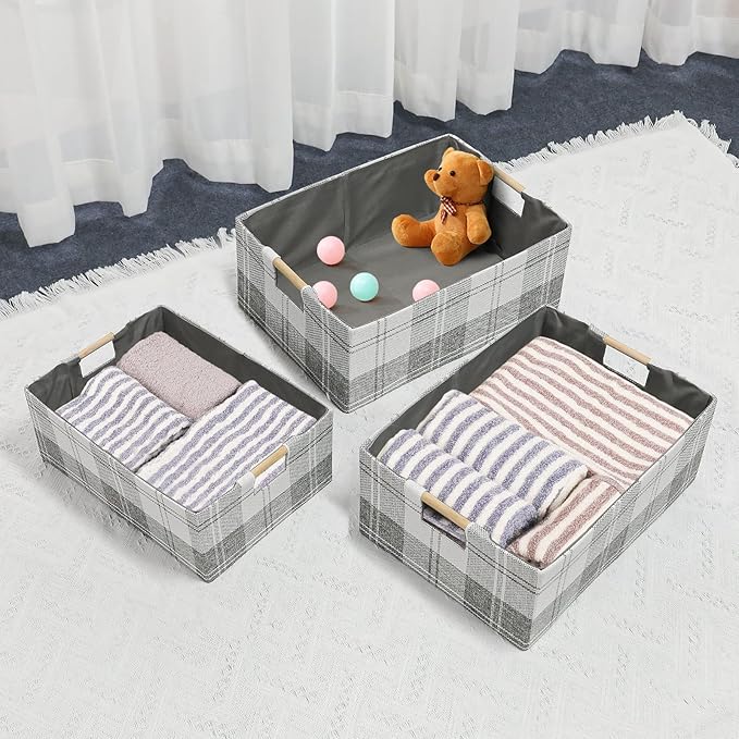 Fabric Storage Bin Box Collapsible Cotton Linen Storage Cube with Wooden Handles Rectangular Decorative Home Organizer Clothes Blanket Basket– Light Gray Plaid, Medium