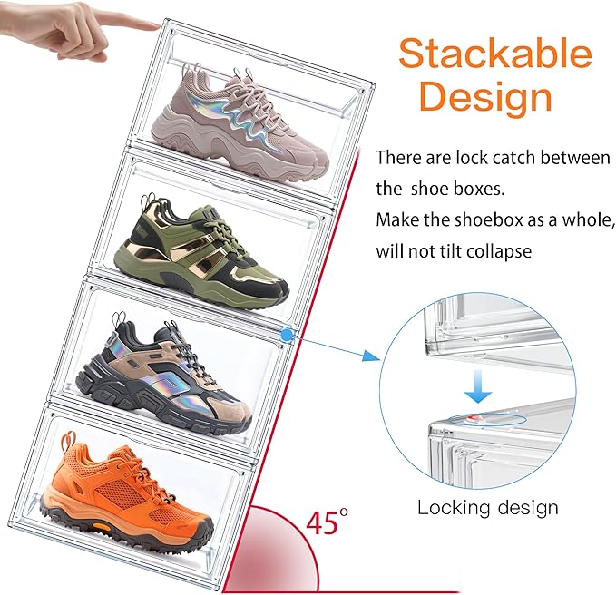 10 Pack Acrylic Sneaker Shoe Display Case, Size 12.5 Clear Shoe Boxes Stackable Purse Handbag Collectibles Organizer with Magnetic Door, Size 12.5 for Men Women Shoes Rack