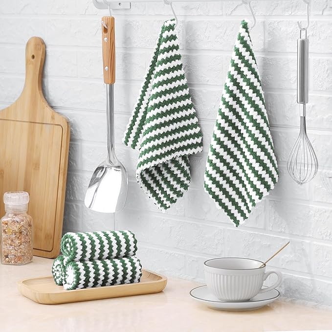 Homaxy 12 Pack Kitchen Dish Cloths, Ultra Soft and Absorbent Dish Towels, Reusable Fast Drying Microfiber Cleaning Cloth, Coral Velvet Wave Design No-lint, 10 x 10 inches, Grass Green