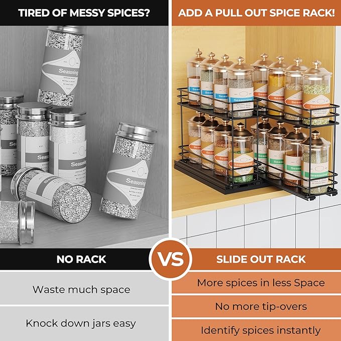 Pull Out Spice Rack Organizer for Cabinet, Slide Out Spice Racks, Easy to Install, 7.08" Wx10.43 Dx8.26 H, 2 Drawers 2 Tiers(Black)