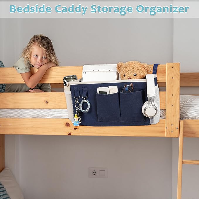 Loghot Bedside Caddy/Bedside Storage Bag Hanging Organizer for Bunk and Hospital Beds,Dorm Rooms Bed Rails,Can be Placed Glasses,Books,Mobile Phones,Keys (2pc Navy Blue)