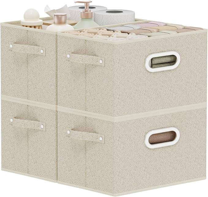 Open Storage Baskets, Collapsible Cube Bins, Fabric Container Organizer with Metal Handles, Boxes for Shelves, Closet, Living Room, 10.2x7.9x6.7in, Grey and Beige, 4 Pack