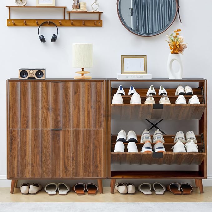 Bifins 31.5” Fluted Shoe Cabinet Storage with 2 Flip Drawers,Narrow Freestanding Shoe Storage Organizer,Slim Shoe Rack Cabinet for Entryway,Hallway (Walnut)